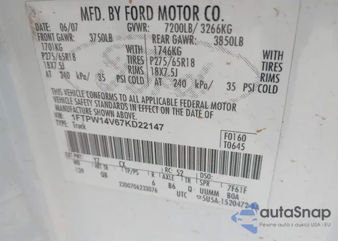 2007 Ford F-150 Fx4/Lariat/Xlt from USA, damaged, VIN 1FTPW14V67KD22147